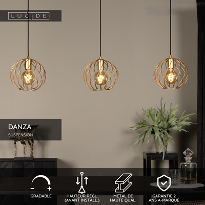 Lucide DANZA - Suspension - 3xE27 - Or Mat / Laiton